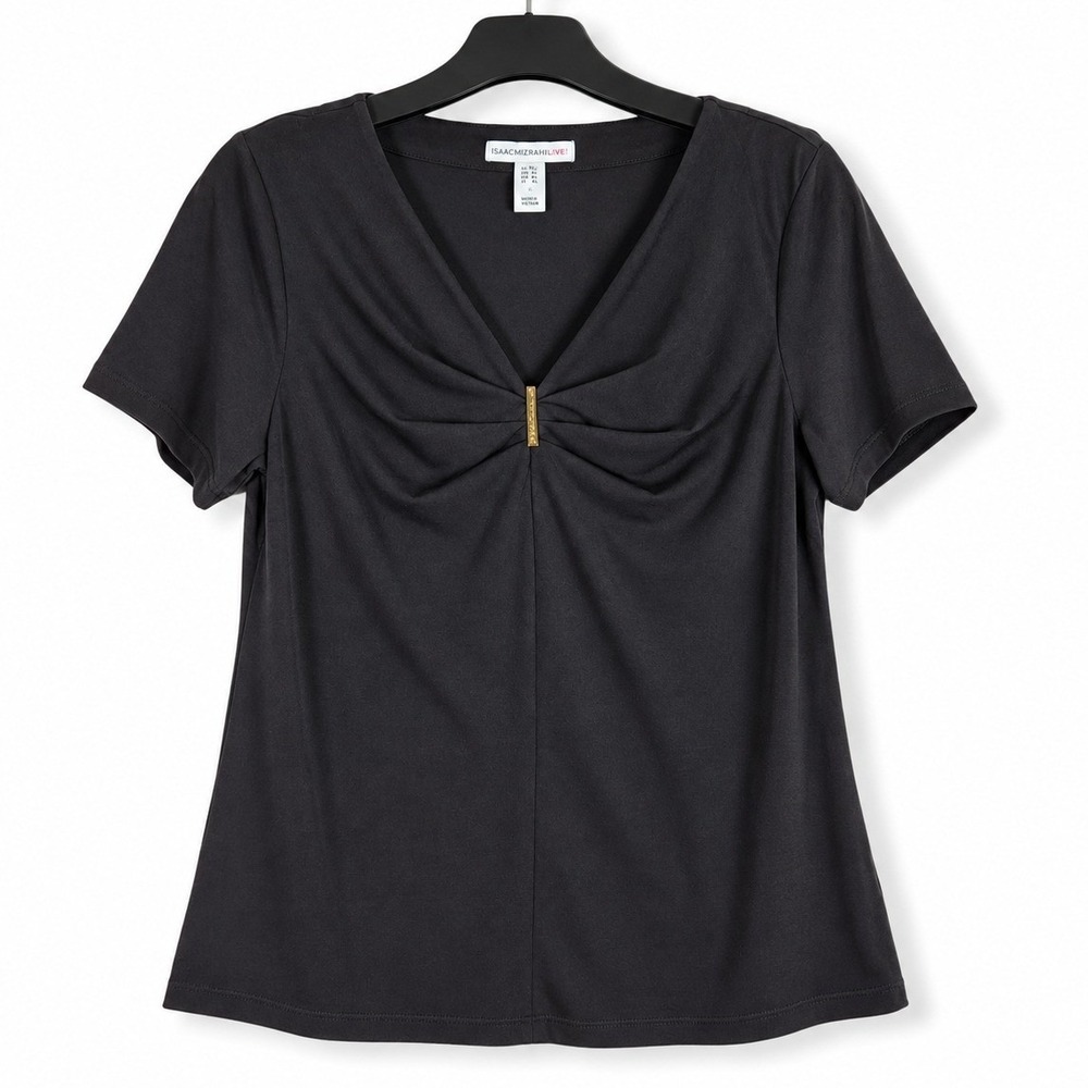Isaac Mizrahi Live Short Sleeve Top Womens XXS Pitch Black Pleated Neck A611550